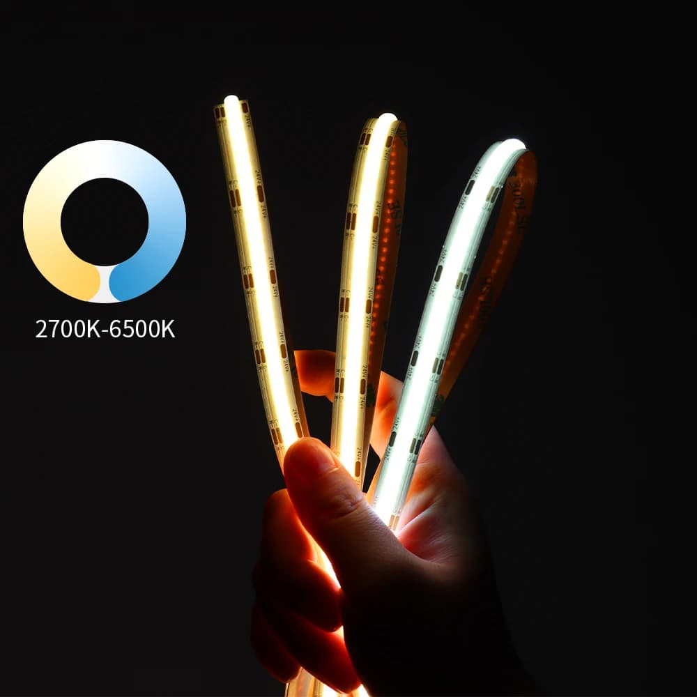 Striscia LED COB CCT da 5 mm 12V 24V 3 fili 2700~·6500K Temperatura colore dimmerabile CRI 90 Luce a nastro LED super sottile per la decorazione della casa