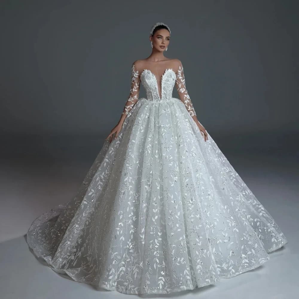 Flavinke Custom Wedding Dresses with Lace Applications with Beads Illusion Long Sleeved Wedding Dresses Dancewear Long Wedding Dresses