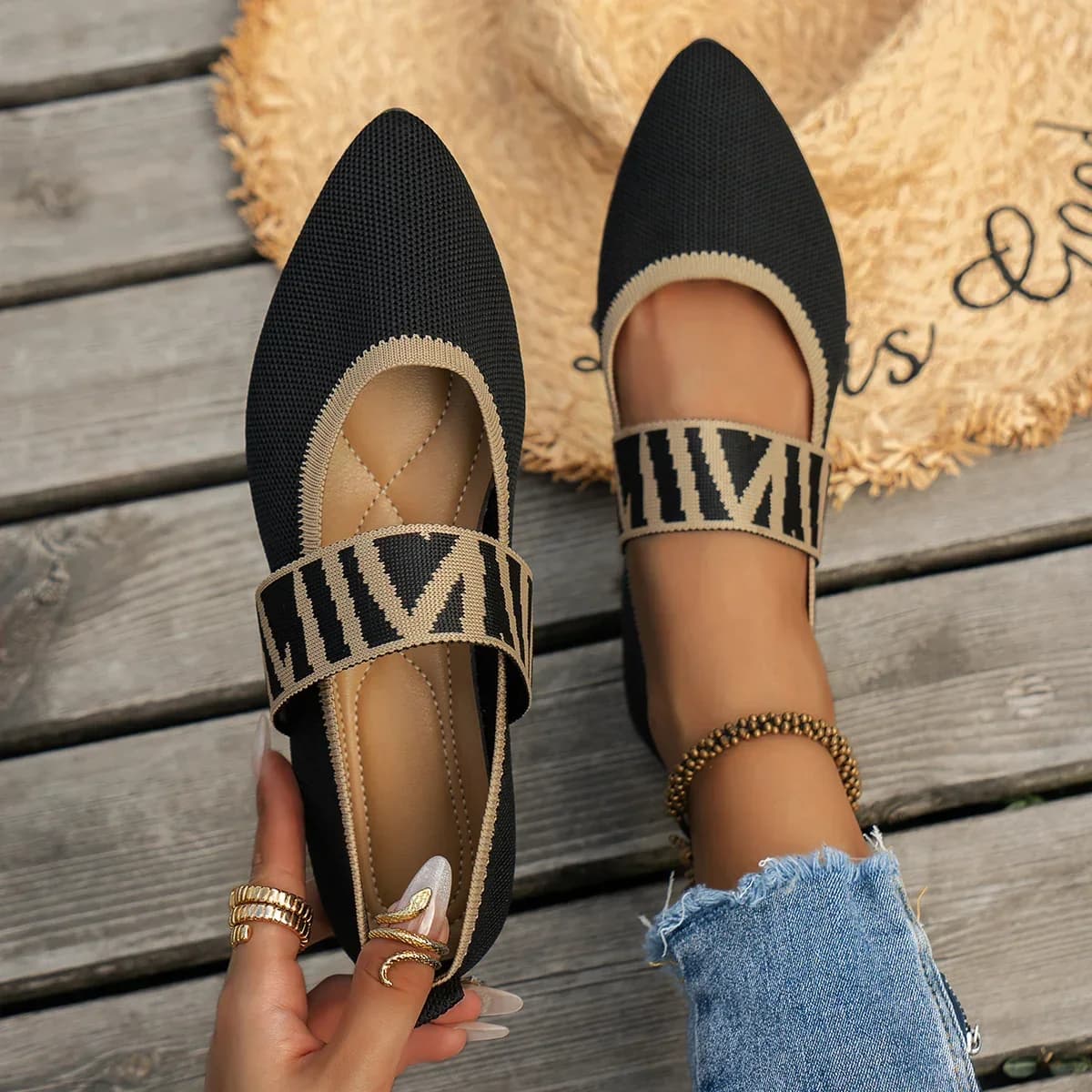 Women's Low Color Block Shoes Knitted Ballerine Elegant Striped Straps Casual Moccassini Women's Point