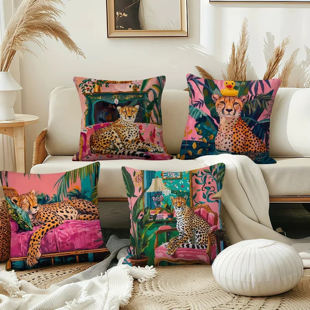 Nordic Simplicity Fashion cushion cover with cheetah print and plants, sofa decoration, home, office, car - Furniture for the room