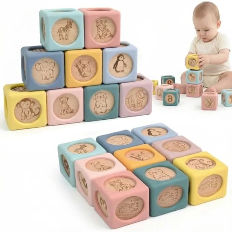 Set di 9 Blocchi Impilabili per Neonati in Silicone e Legno, Giocattolo per Bambini in Silicone di Grado Alimentare con Inserti in Legno Naturale, Morbido e Masticabile, Stile Montessori