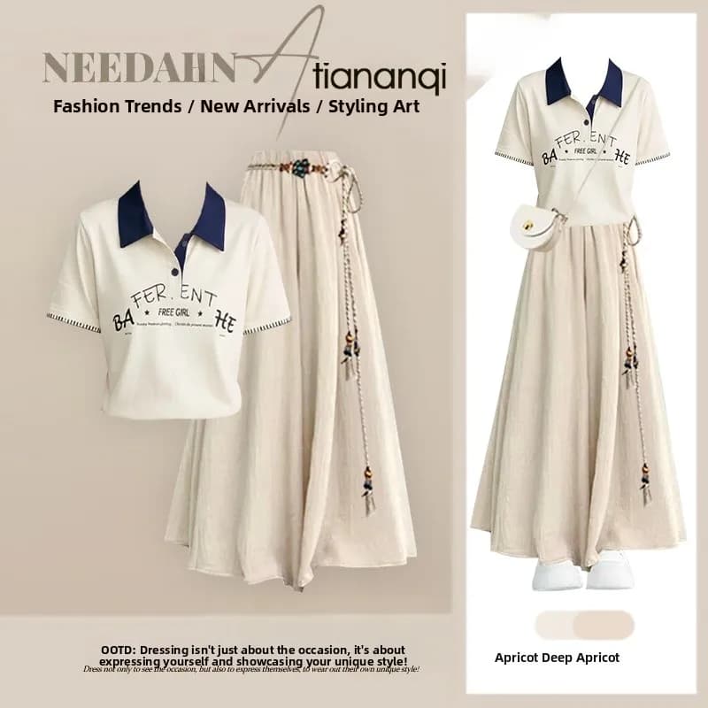 Summer Shirt Collar Color Block Short Sleeve T Shirt High Waist Letter Print Top Set High Waist Skirt Pants Two Piece Set