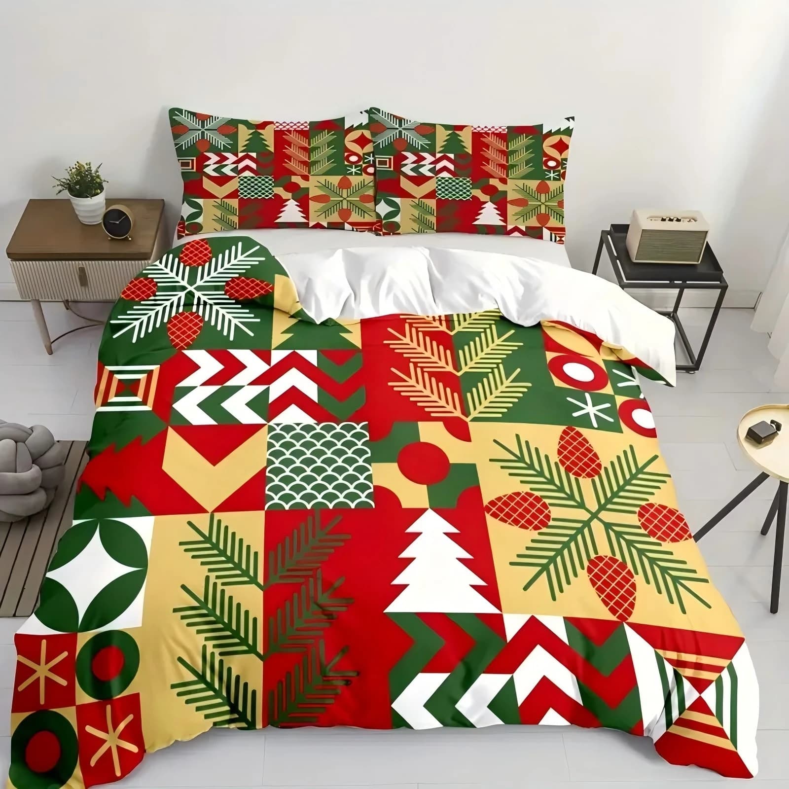 Griglia fiocco di neve albero Set copripiumino stampato in 3D Set biancheria da letto a tema natalizio Set copripiumino confortevole e morbido di lusso federe