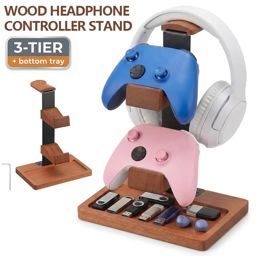 Solid Wood Headphone Controller Stand Universal 3-Layer Headset Stand with Storage Base Stable Desktop Gamepad Organizer Rack