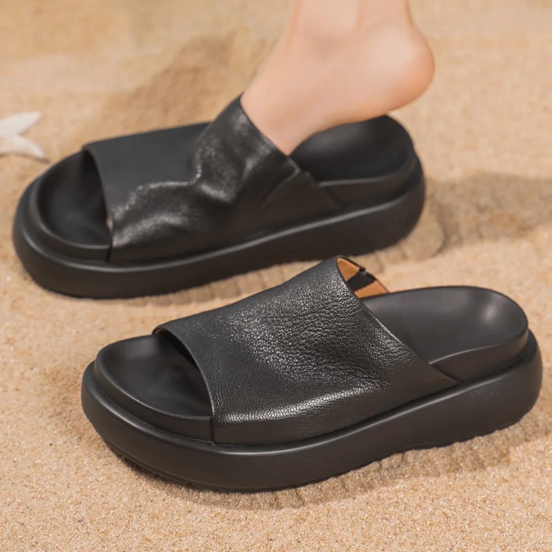Danxuefei 2025 estate delle nuove donne di pelle di pecora suola spessa piattaforma appartamenti diapositive sandali open toe casual vacanze femminili scarpe da spiaggia