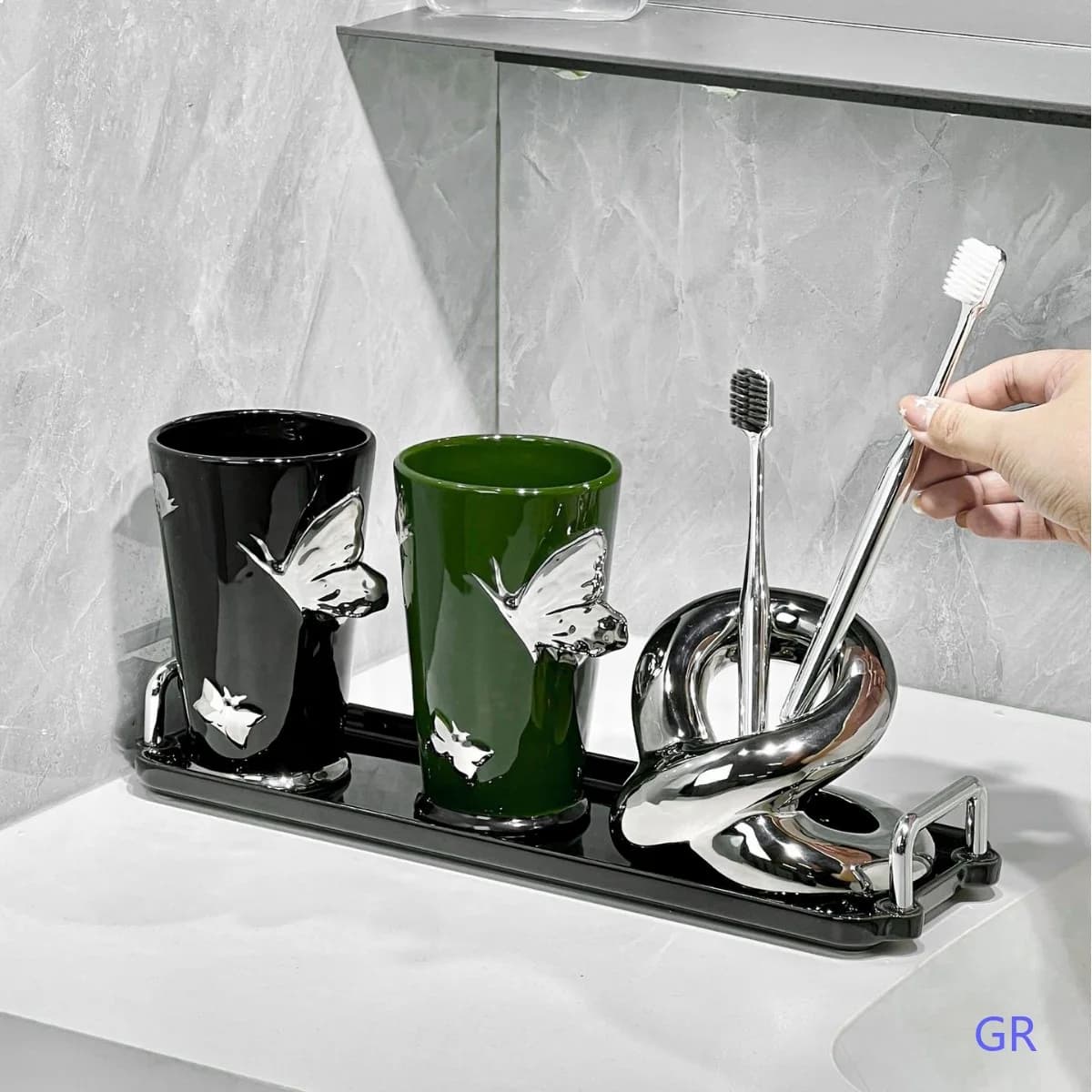 Light Luxury Butterfly Ceramic Rinsing Cup Set with Twisted Silver Stand for Bathroom Toothbrush Holder