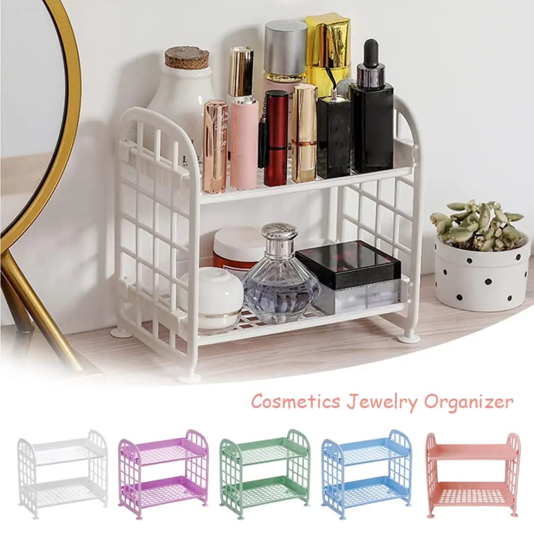 Make-up organizer with multifunctional plastic shelf at 2 levels for skin care, office, kitchen, bedroom, bathroom, two-layer cable holders