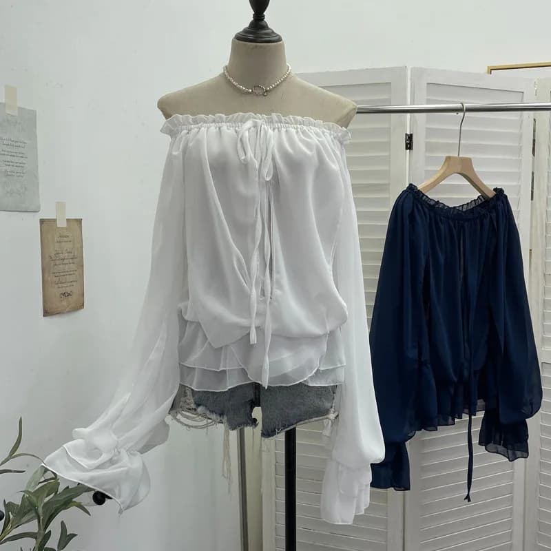 Camicia in chiffon con spalle scoperte Camicetta ampia da donna con cinturino autunnale a maniche lunghe con bordo volant