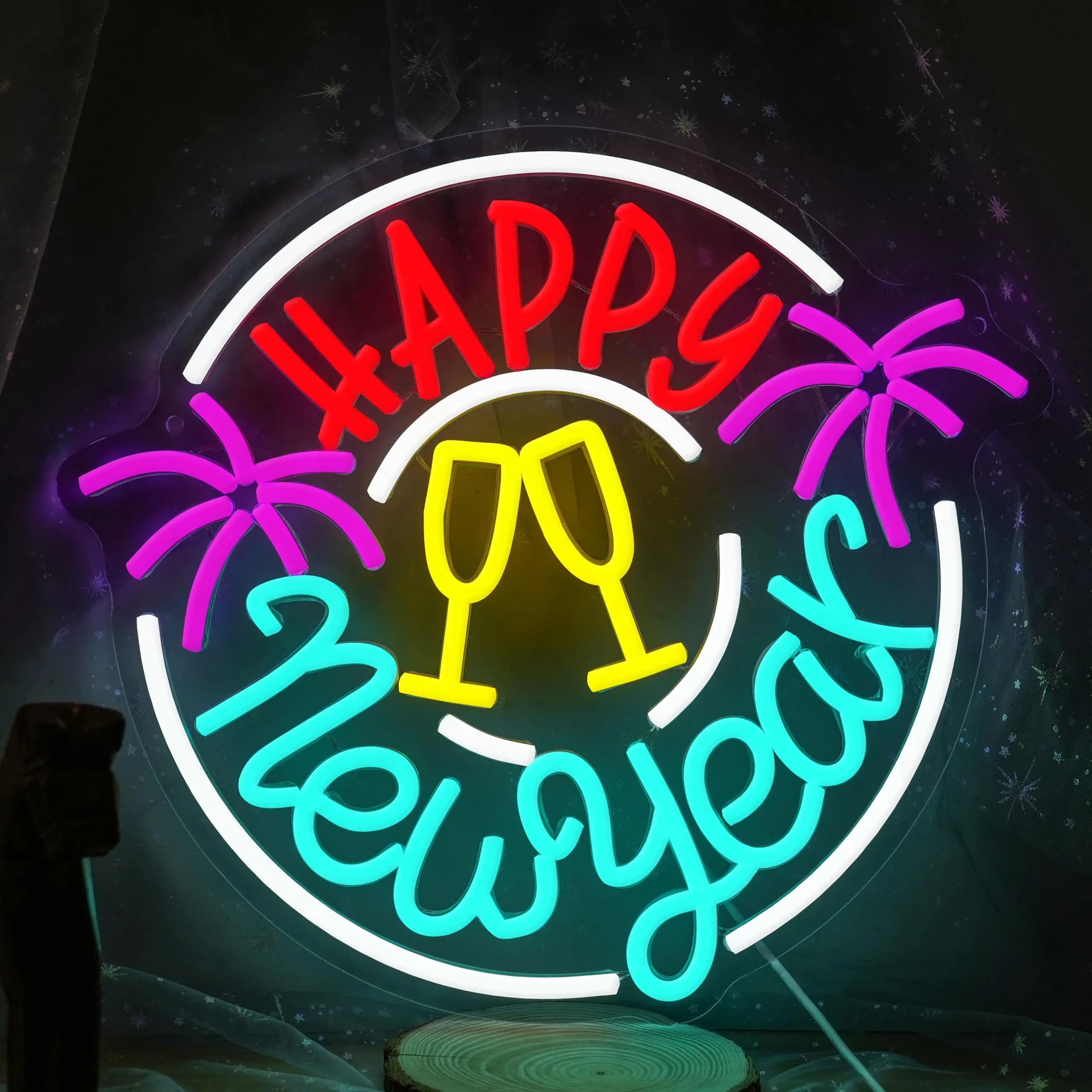 Felice Anno Nuovo Insegna Al Neon Dimmerabile Bicchieri Da Champagne Fuochi D'artificio LED Insegna Al Neon Decorazione Della Parete per la Festa di Capodanno Casa Bar Vacanze