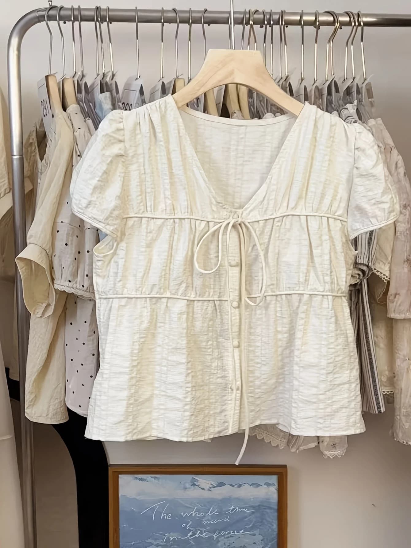 Women's Beige V-Neck Blouse Puff Sleeve Tie Front Short Sleeve Casual Summer Top