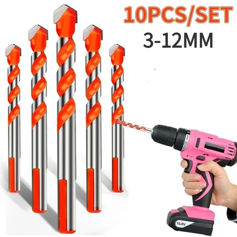 10PCS Masonry Drill Bits Set for Tile Brick Cement Concrete Glass Plastic Wood etc 3-12mm Carbide Drill Bit Set Drilling Tools