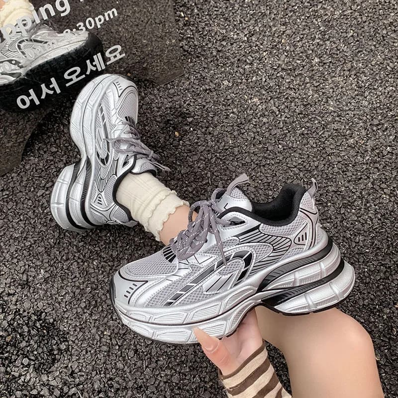 HKDQ Women's Sneakers Lace-Up Chunky Sole Mesh Detail Trendy Urban Style Sporty Casual Daily Footwear