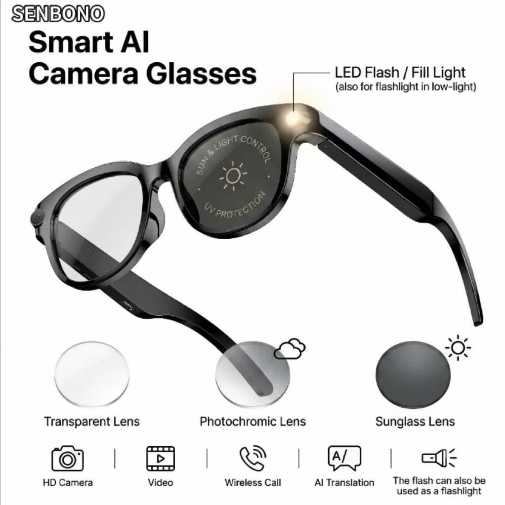 SENBONO 2026 New AI Smart Glasses with 2MP/5MP/8MP Camera 1080P 4K Videos Smart Glasses AI Voice AI Photo Recognition/Translation Wireless Calling Music Control Sunglasses for Men Women