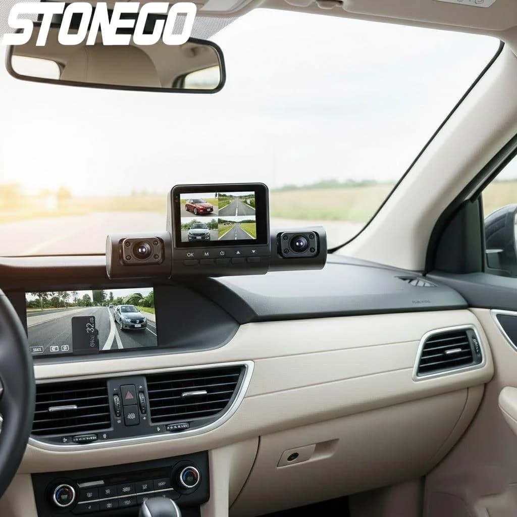 Dash Cam a 4 Obiettivi 1080P Full HD, Grandangolare, Registrazione in Loop, Controllo a Pulsante, Schermo IPS, Supporto per Computer Portatile
