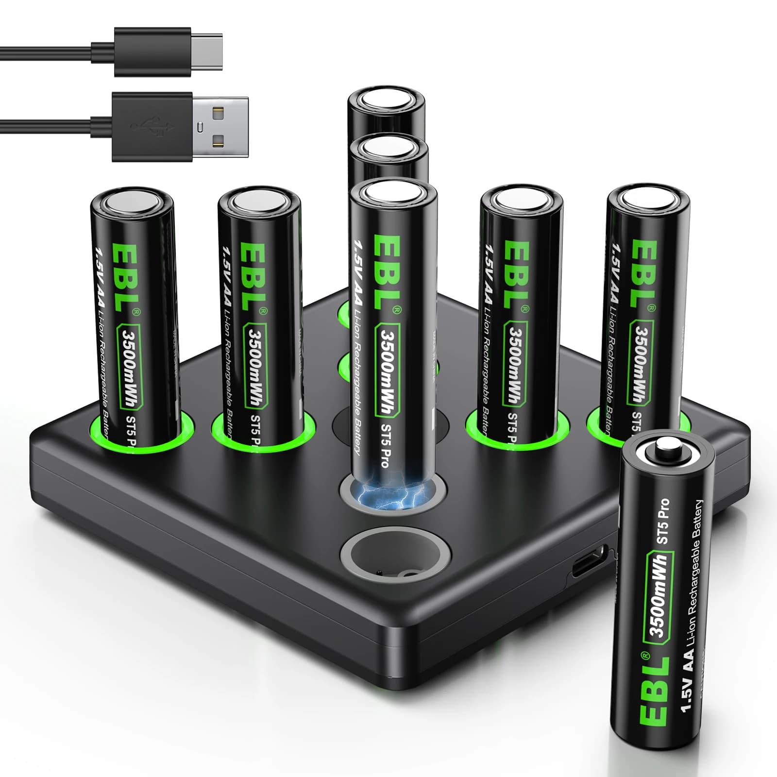 EBL Batteria ricaricabile agli ioni di litio AA da 8 pezzi Batteria da 1,5 V AA 3500 mWh USB-C Set di caricabatterie rapido per videocamera, campanello, torcia