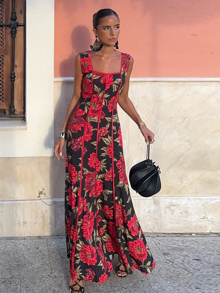 Elegant Printed Women Long Dress Square Collar Sleeveless Waist-Closed Party Evening Dresses Female 2026 Summer Lady Robes New