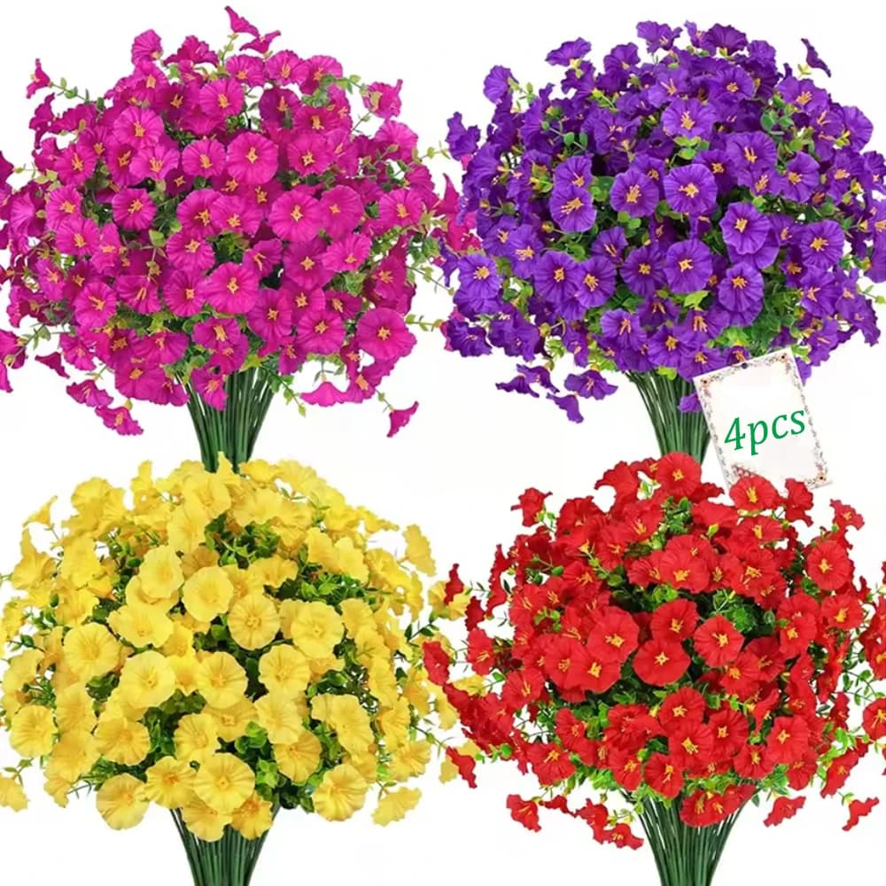 4 pezzi di fiori artificiali di gloria mattutina decorazione esterna piante arbusti resistenti ai raggi UV per portico fattoria giardino casa cortile arredamento