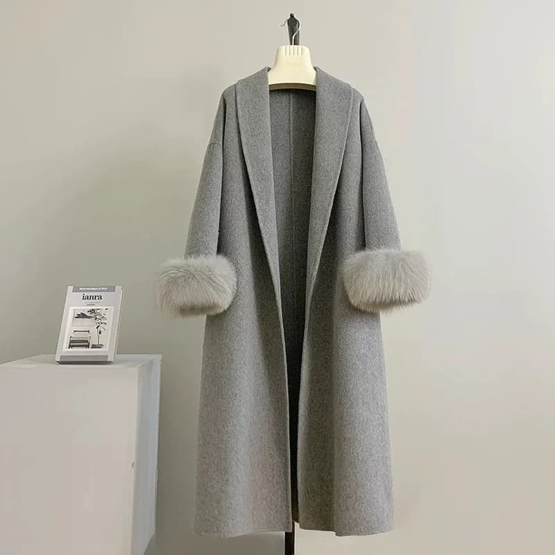 Women's Genuine Fox Fur Coat with Long Belt Mixed Head Office Coats Stylish Women's Autumn Winter Wool Coat in Double-face Cashmere