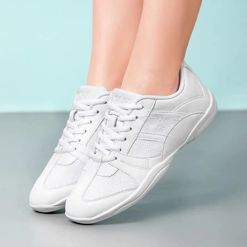 Women's white cheerleading shoes, lightweight, non-slip, with laces, breathable dance shoes, athletic training shoes, for fitness cheer