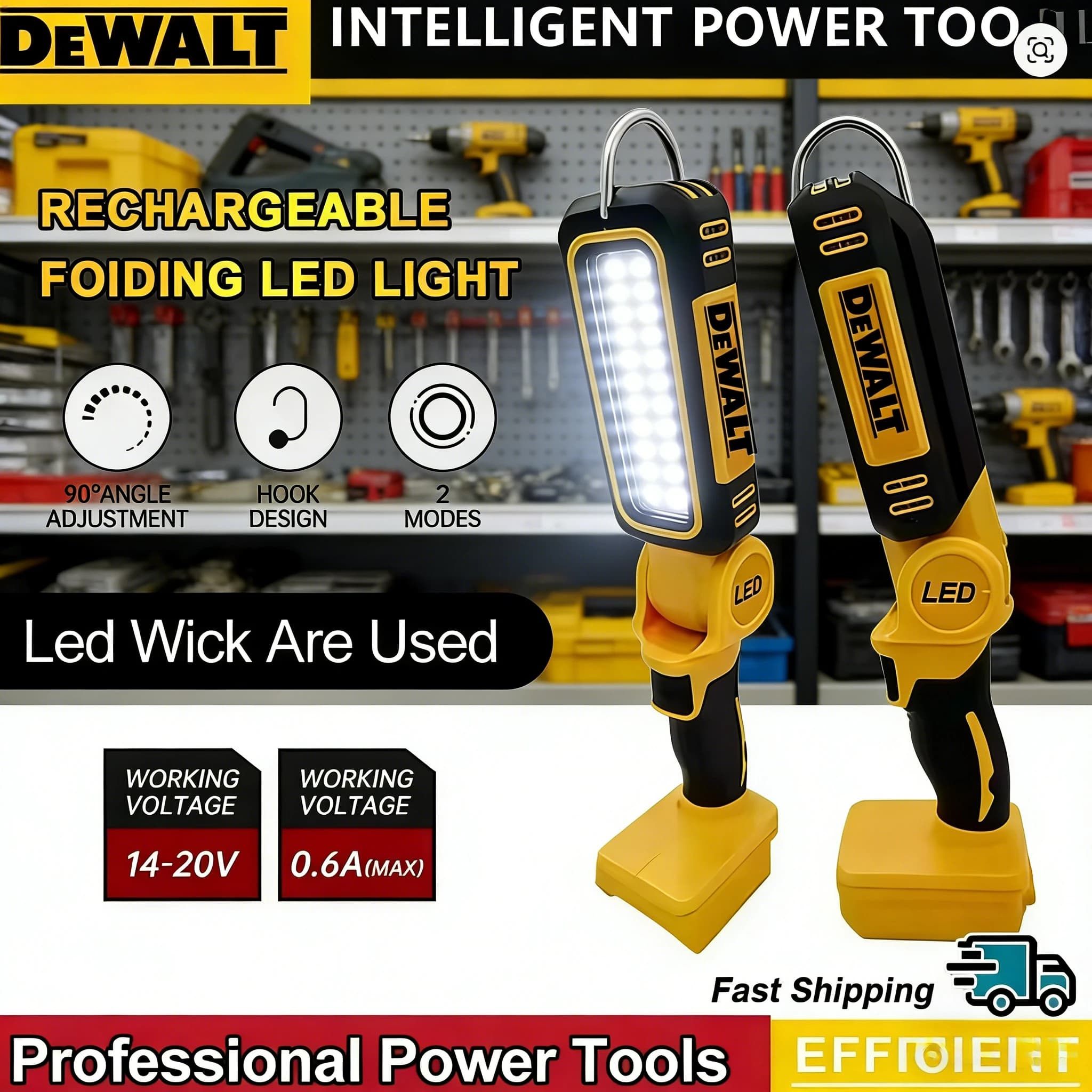 Lampada da campeggio portatile DEWALT, torcia di emergenza a 90 gradi, luce da lavoro pieghevole, compatibile con batterie DEWALT