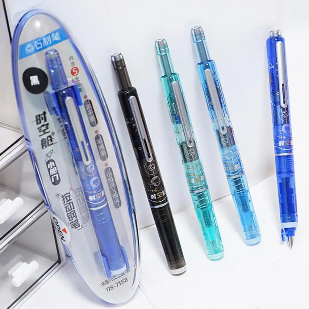The 2nd Gen Retractable Fountain Pen 0.38mm Tip Black Ink Calligraphy Pen Transparent Barrel 5 Refillable Ink Cartridges