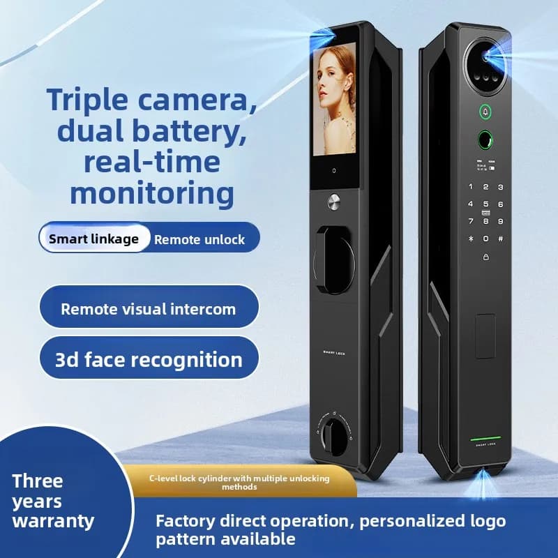 Serratura intelligente di alta gamma con doppia fotocamera, doppia batteria, monitoraggio interno, impronta digitale e password, antifurto per porta.