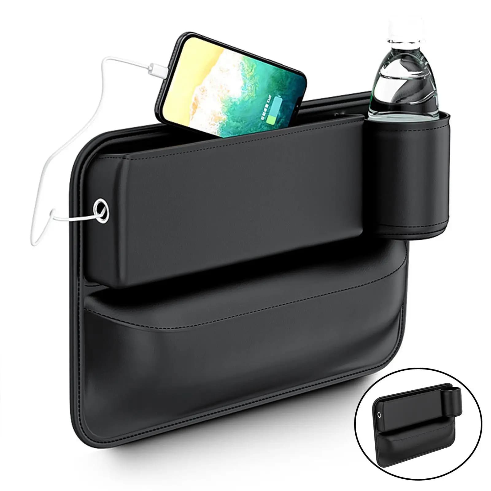 Organizer per Sedile Auto con Portabottiglie e Vano Portaoggetti, Compatibile con Cellulare, Portafoglio e Foro per Cavo di Ricarica, Nero
