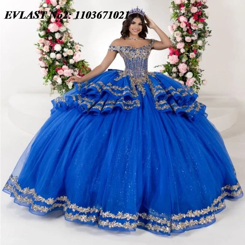 EVLAST Personalizzato Messicano Royal Blue Abito Quinceanera Abito di Sfera Oro Applique Perline A File Dolce 16 Abiti 15 Anos E2QA140