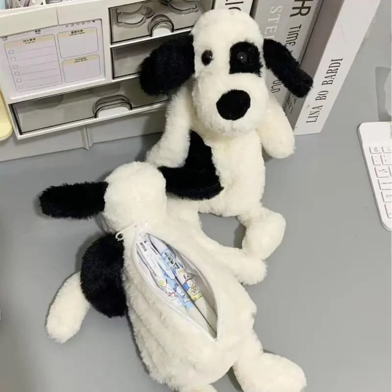 [SU]Cute Black White Plush Puppy Pencil Case Cartoon Portable Cosmetic Bag Pencil Bag Storage Bag Stationery Pouch Student Gifts