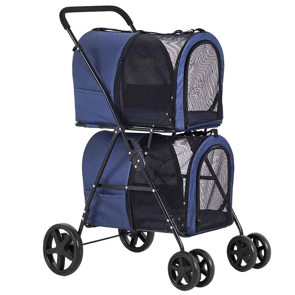 Passeggino per Animali Domestici Pieghevole Oxford Blu Ecologico 4-in-1, Carrello da Viaggio con 2 Trasportini Staccabili, 4 Ruote Bloccabili, Passeggino Doppio per Cani