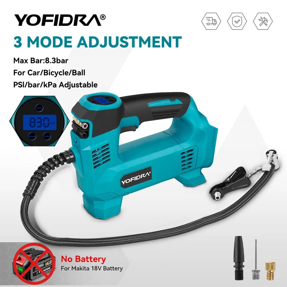 YOFIDRA High Pressure Air Tire Inflator Cordless Househeld Auto Inflatable Pump Ball Car Power Tool For Makita 18V Battery Pin