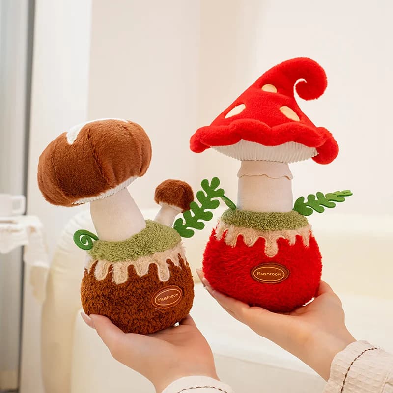 Lovely Plant in Plush Vase, Realistic Decoration in Shape of Red Mushroom Shiitake, Upholstered Toy, Sympathians Small Plush Mushrooms