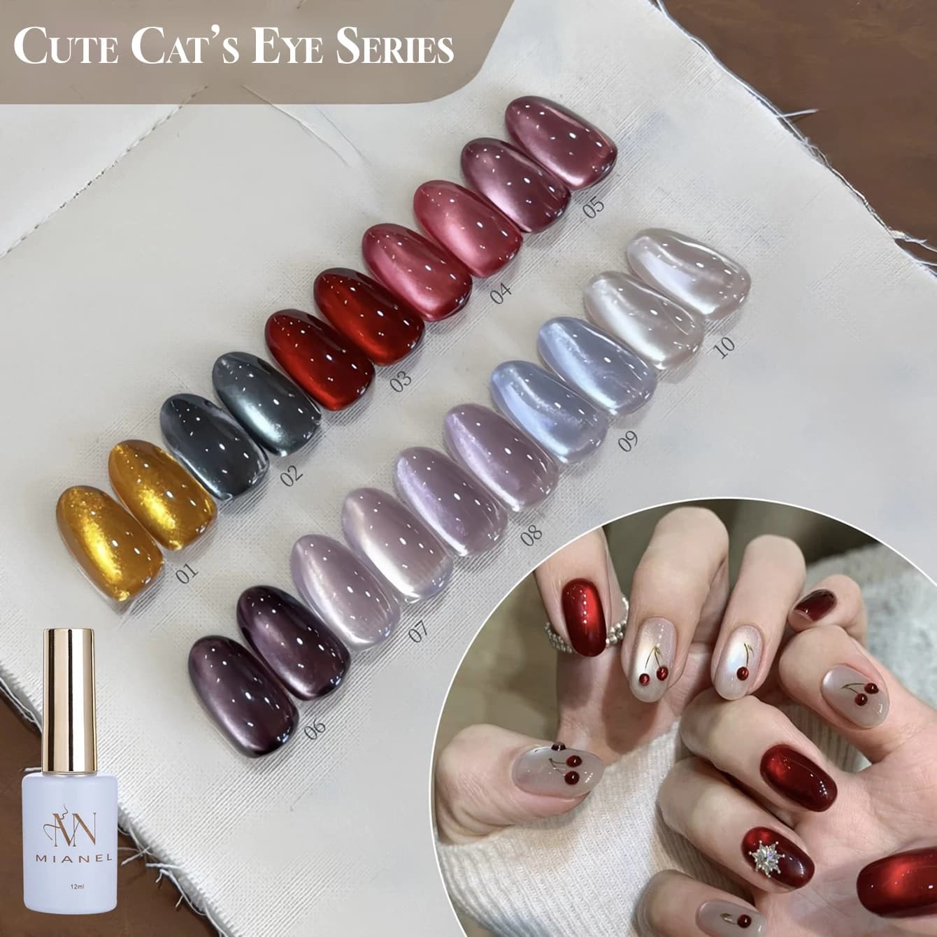 MIANEL 12ML Smalto Gel Effetto Occhio di Gatto con Perline di Vetro per Unghie Primaverili 2026 Nuovo Carino Pet Cherry Ruby ​ ​ Unghie in porcellana satinata bianca 1-10 pezzi