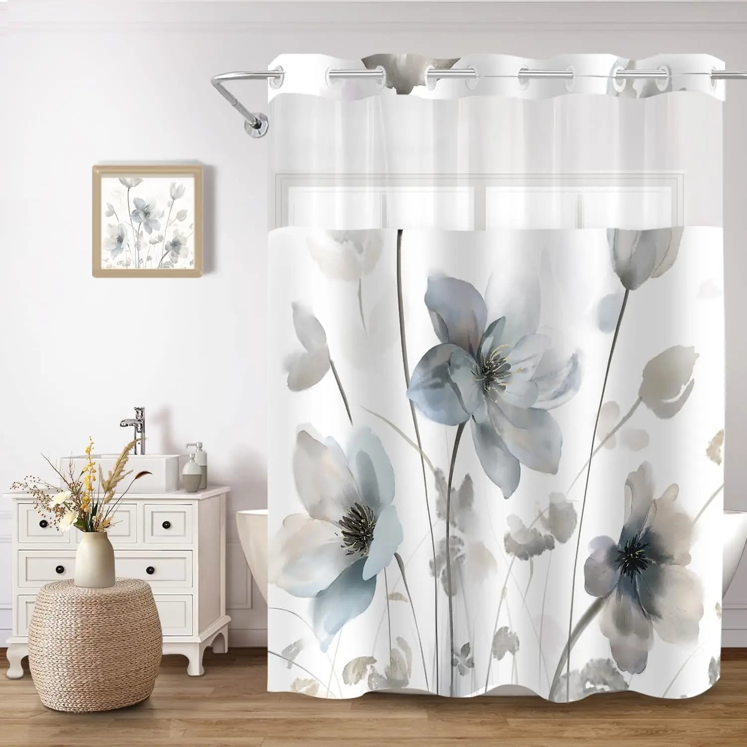 Set di Tende da Doccia Impermeabili Blu Grigio con Motivi Floreali Boho e Fodera a Incastro, 71x74 Pollici