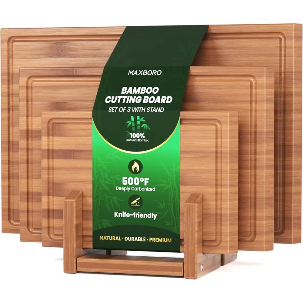 Triple-Sided Bamboo Chopping Board Set with Stand, Perfect for Meal Prep, Serving, and Charcuterie Platters