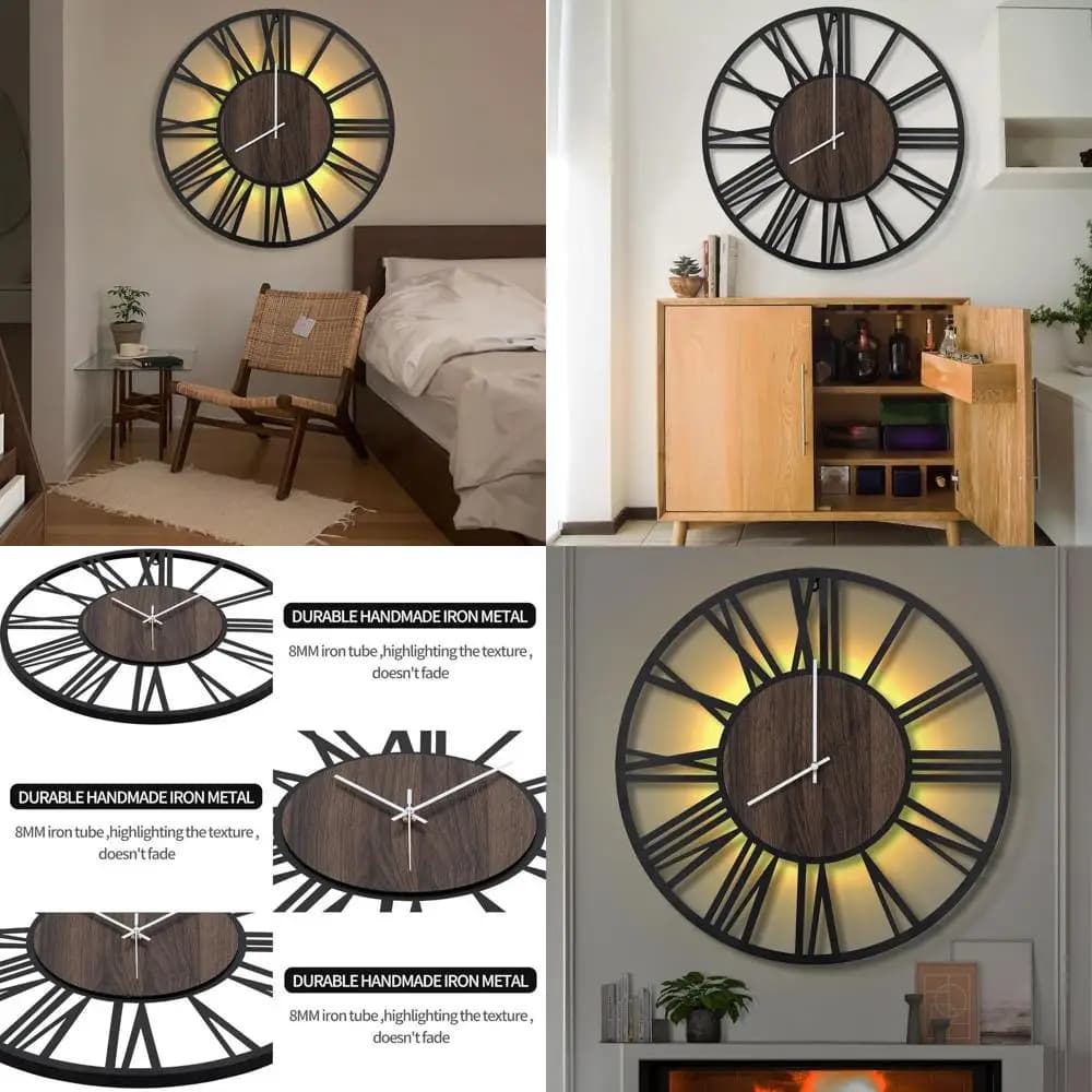 32 Inch Rustic Round LED Wall Clock, Silent, Battery, Ideal for Living, Bedroom, Kitchen, Office and Home Furniture