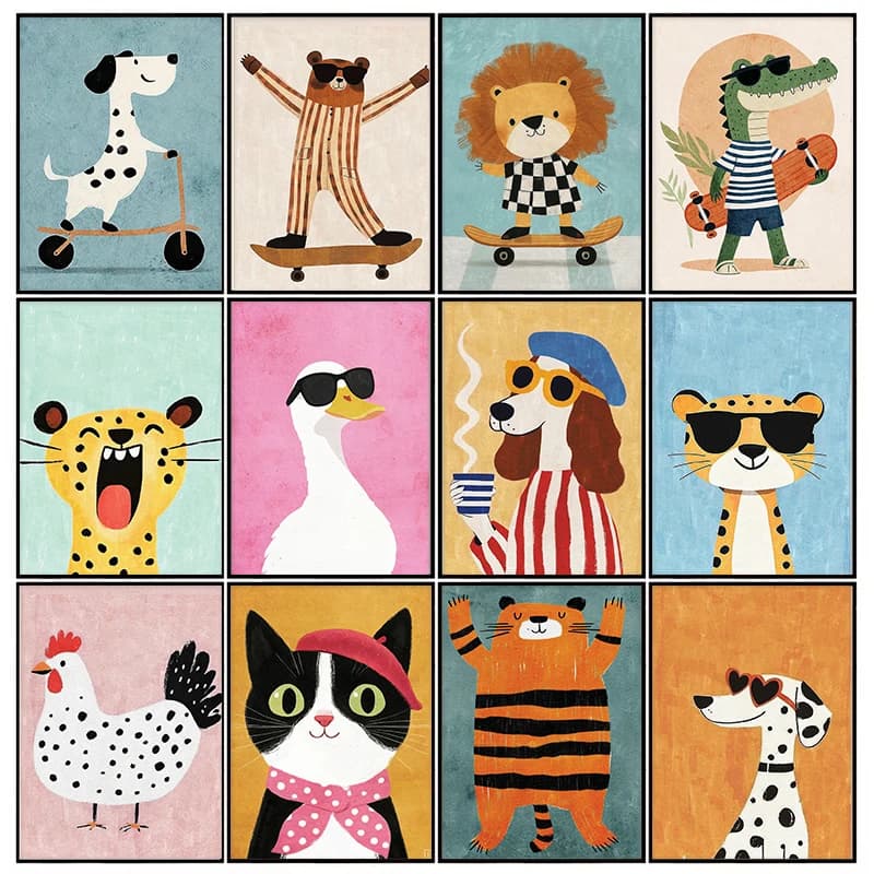 Animali divertenti Leone Ghepardo Cane Orso Skateboard Poster Stampe Wall Art Canvas Immagini della scuola materna per bambini Ragazze Ragazzi Room Decor