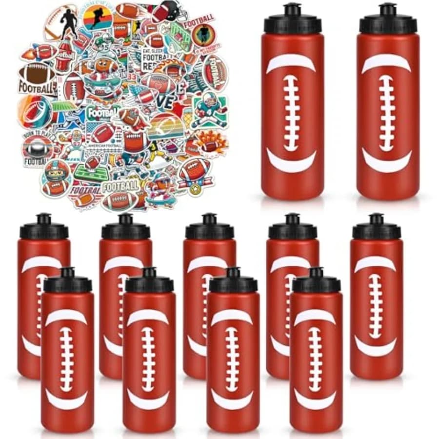 Football Party Favors, 12 Pack Football Water Bottles with 300 PCS Stickers, 20 oz Sports Squeeze Bottle, BPA-Free Reusable Wat