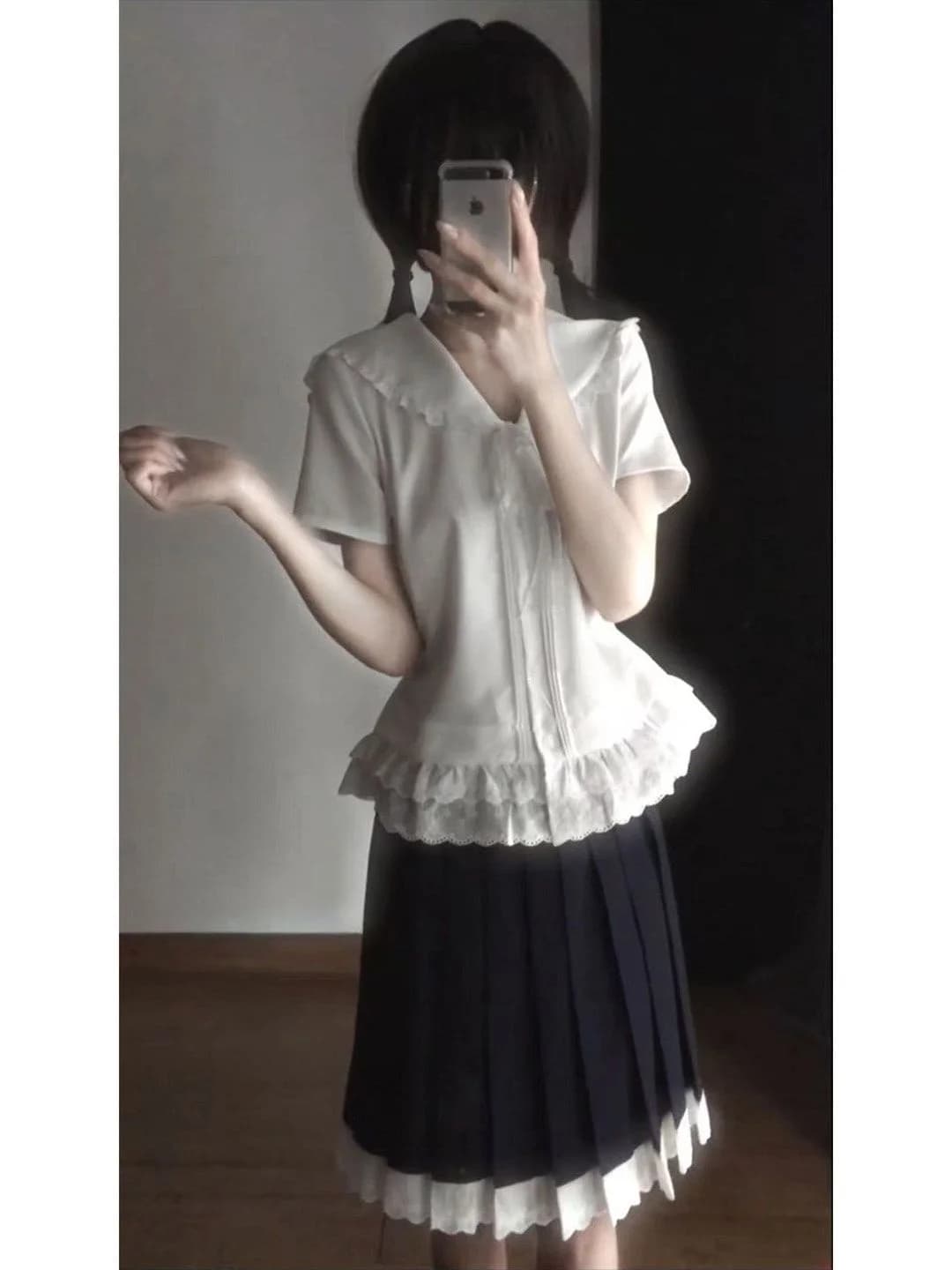 Sweet Uniform Set Women's Short Sleeve Navy Collar Half Skirt School Uniform Two Piece Set Summer High Waist Pure Color Lace