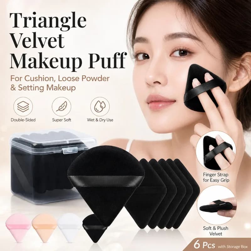 6Pcs Triangle Velvet Makeup Puff Set with Storage Box, Dual-Sided Soft Cushion Puff for Loose Powder & Foundation Beauty Tool
