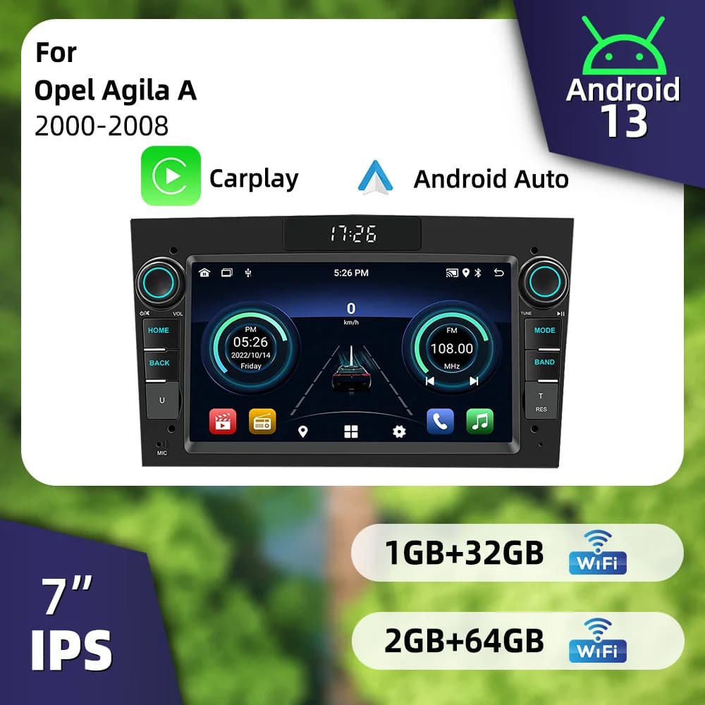 Autoradio Multimediale 7 Pollici 2Din Android con Carplay/Android Auto Wireless/GPS/BT/WIFI per Opel Agila A 2000-2008
