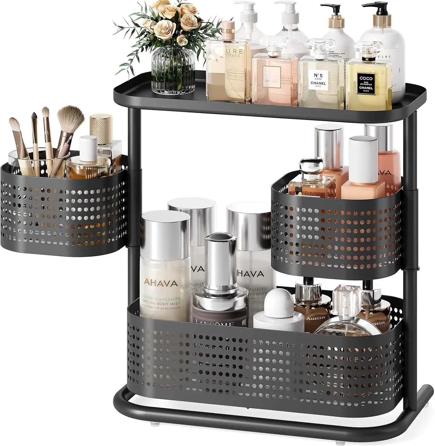3 Tier Bathroom Counter Organizer, Rotating Countertop Vanity Storage Cabinet with Standing Shelf, Cosmetic Holder for Skincare & Makeup, Kitchen Spice Rack, Bedroom Nightstand Organizer