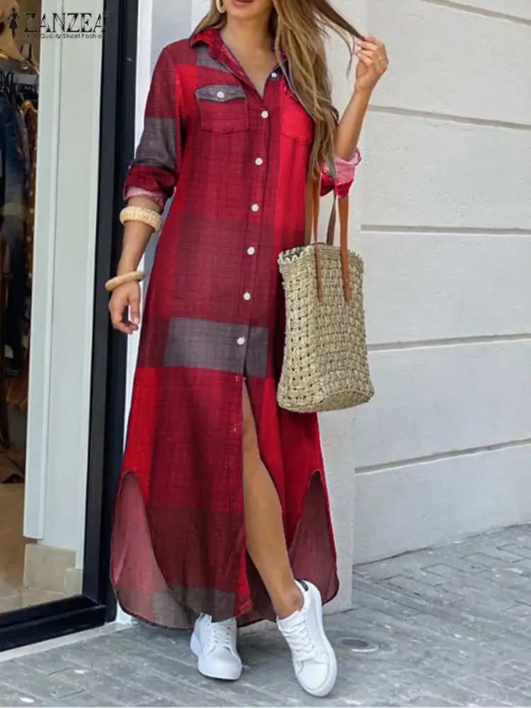 ZANZEA 2024 estate donna Streetwear prendisole abbottonatura Plaid mezza manica allentata camicia da festa vestito Casual abiti Overszied Robe