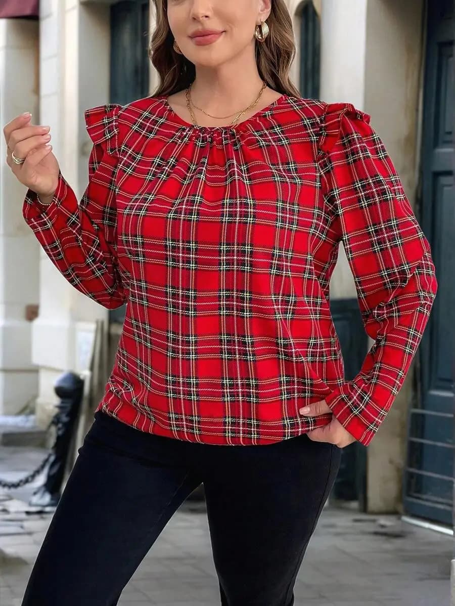 Camicetta a maniche lunghe a quadri rossi con dettaglio a volant sulle maniche per donna, top casual autunnale