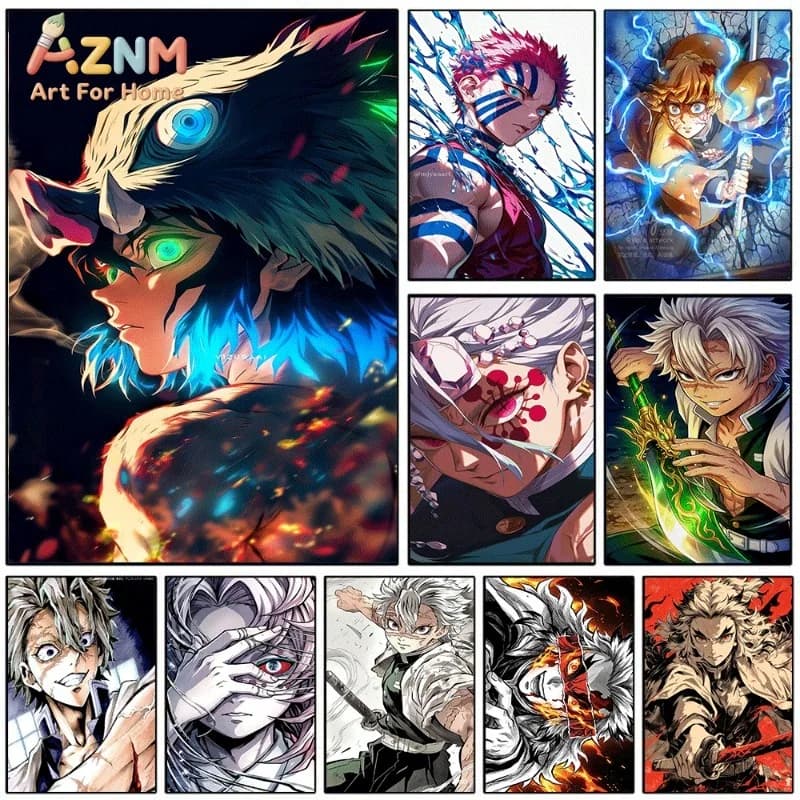Demon Slayer Anime Canvas Wall Art Inosuke Akaza Sanemi Tengen Poster Unframed Canvas Painting Home Teen Bedroom Manga Wall Deco