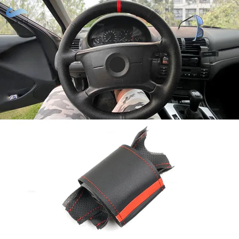 Per BMW Serie 3 5 E36 E46 E39 1998 1999 X3 E83 X5 E53 2000-2006 Coprivolante interno per auto a 4 raggi Rivestimento in pelle striscia rossa