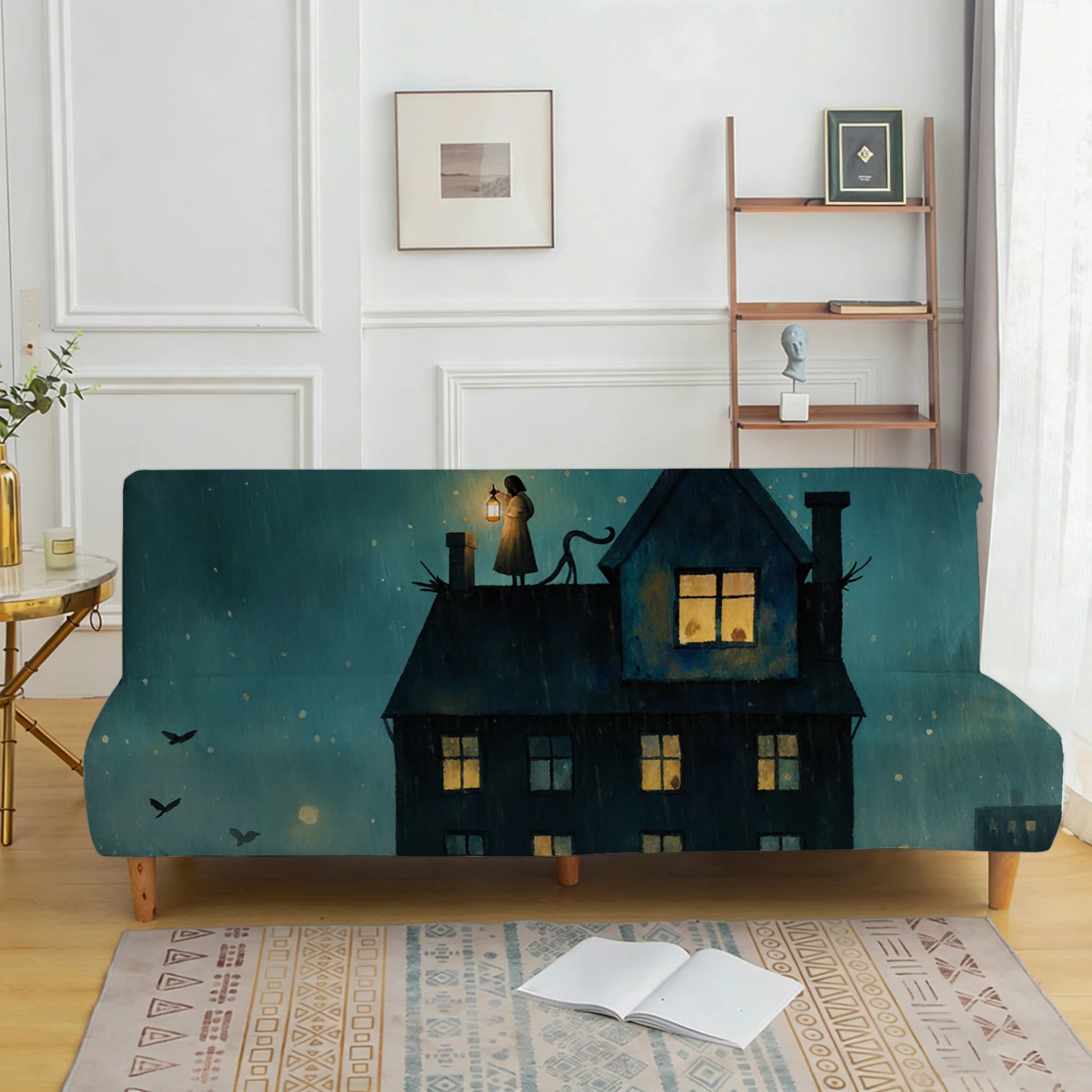 Rainy Night Cabin Lantern Girl Printed Sofa Bed Cover, Living Room Sofa Bed Cover, Dustproof Machine Washable Sofa Bed Cover