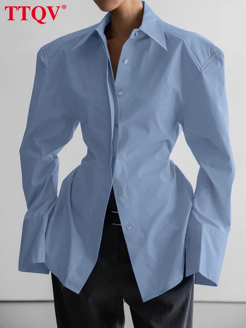 Camicia da donna TTQV alla moda, ampia, in cotone blu, con risvolto e maniche lunghe, elegante, classica, tinta unita, abbigliamento femminile, Collezione Primavera 2026
