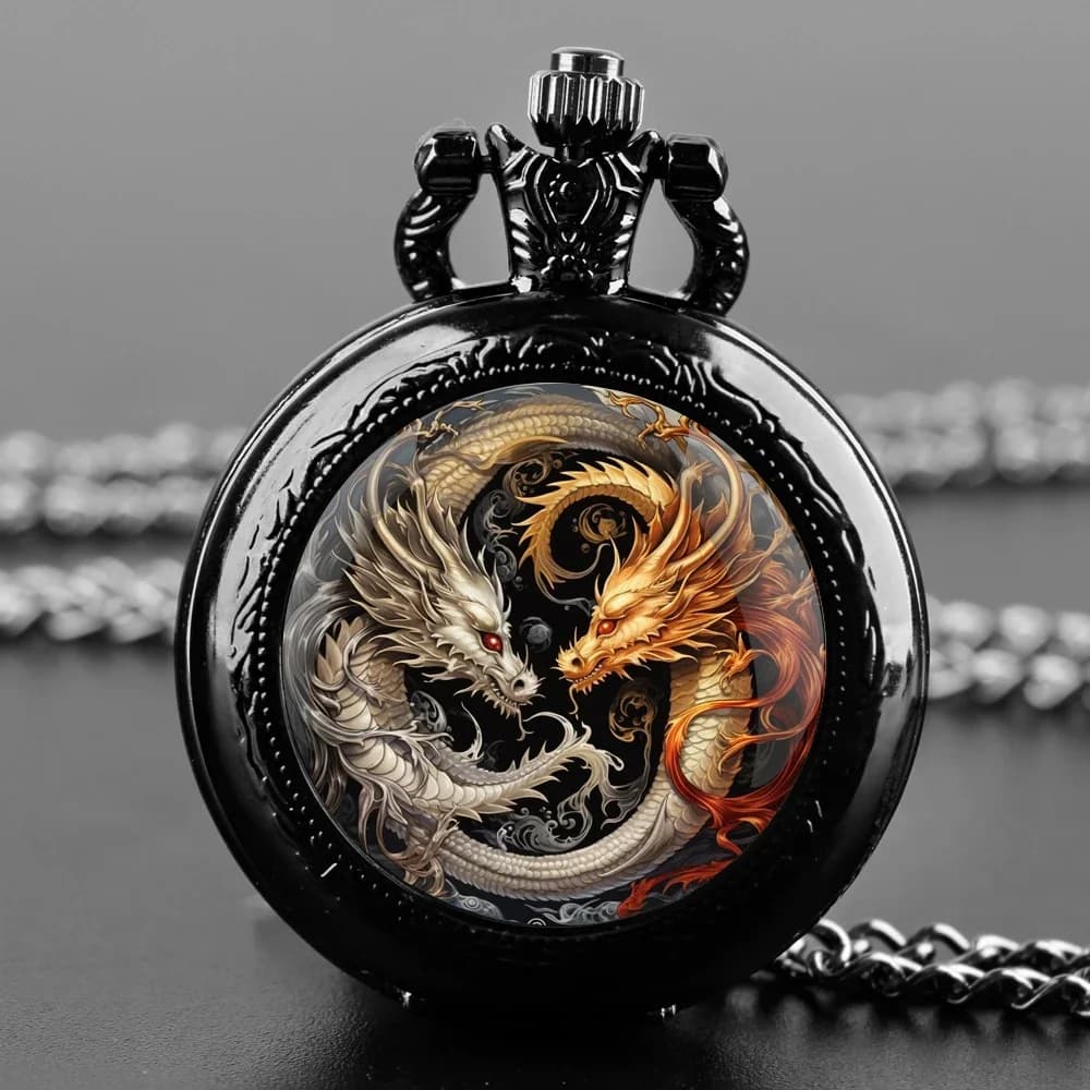 Orologio da Tasca in Vetro a Cupola con Drago Yin-Yang, Quadrante con Numeri Arabi, Ciondolo Vintage per Uomo e Donna, Regalo Creativo