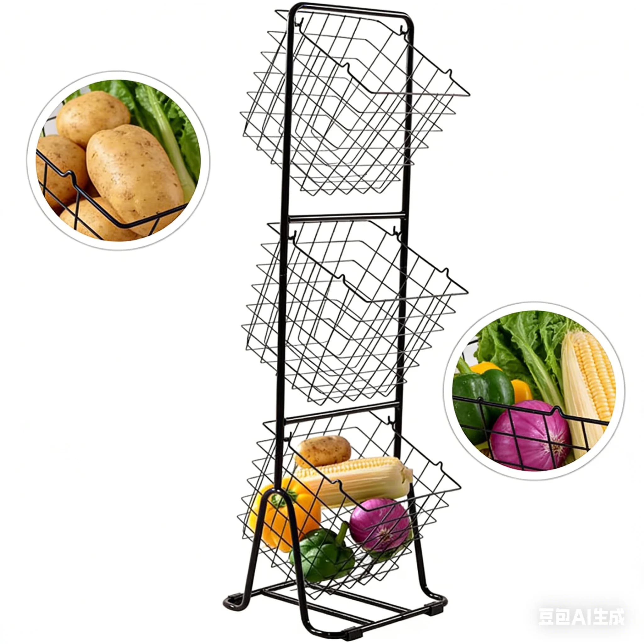 Cesto portafrutta e verdura da cucina, scaffale a 3 livelli, organizer da pavimento per cucina, contenitori, cesto per lavanderia